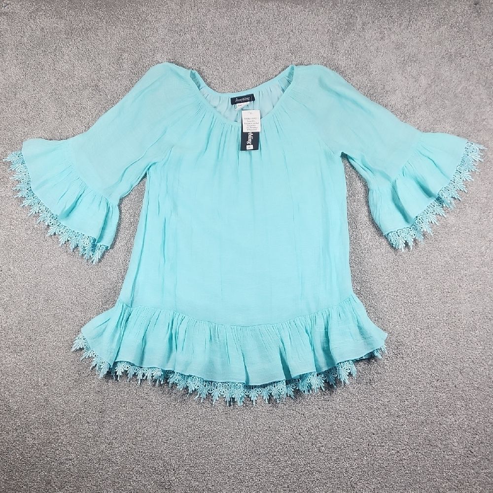 Sassy Bling Elegant Aqua Lace Trim Women's Boutique Blouse Size Medium New
